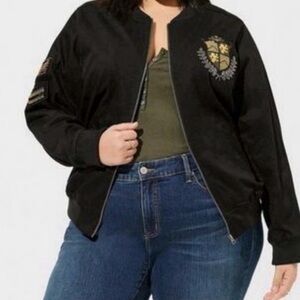 NWT Torrid Black Military Bomber Jacket Embroidered Crest Stretch Twill Size 3X